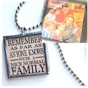 Double Sided Family Quote Retro Portrait Silver Tone Pendant Necklace